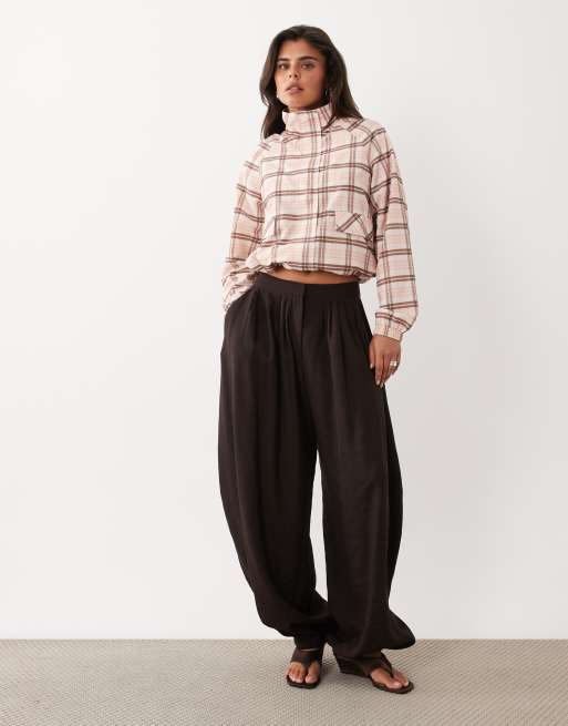 The Frolic exclusive funnel neck track jacket in beige plaid , 2 of 4