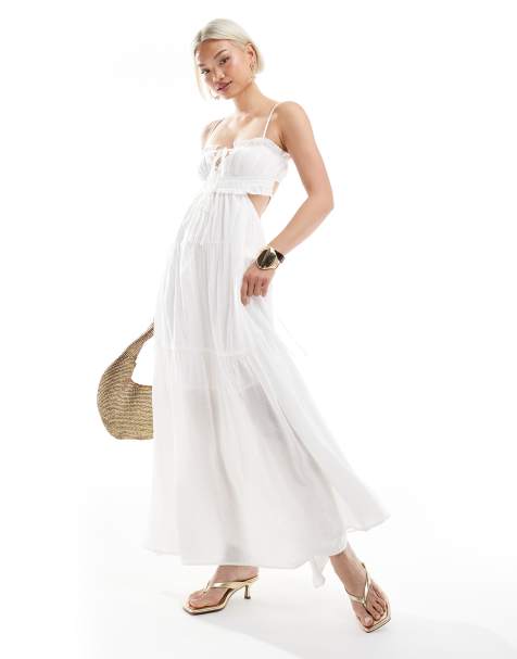 The Frolic Exclusive – Gestuftes Maxikleid in Weiß mit Rüschenbesatz, Rückenausschnitt und Bindeband vorne - view 1