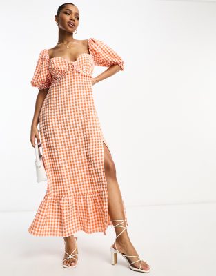 The Frolic exclusive gingham ruffle milkmaid midaxi dress in tangerine-Orange