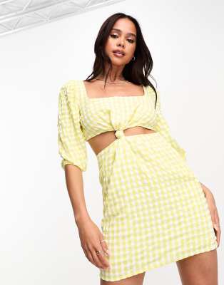 exclusive gingham twist puff sleeve mini dress in lemon-Yellow