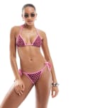 [The Frolic] The Frolic exclusive halterneck contrast heart print triangle bikini top in pink and burgundy (part of a set) 10 Pink