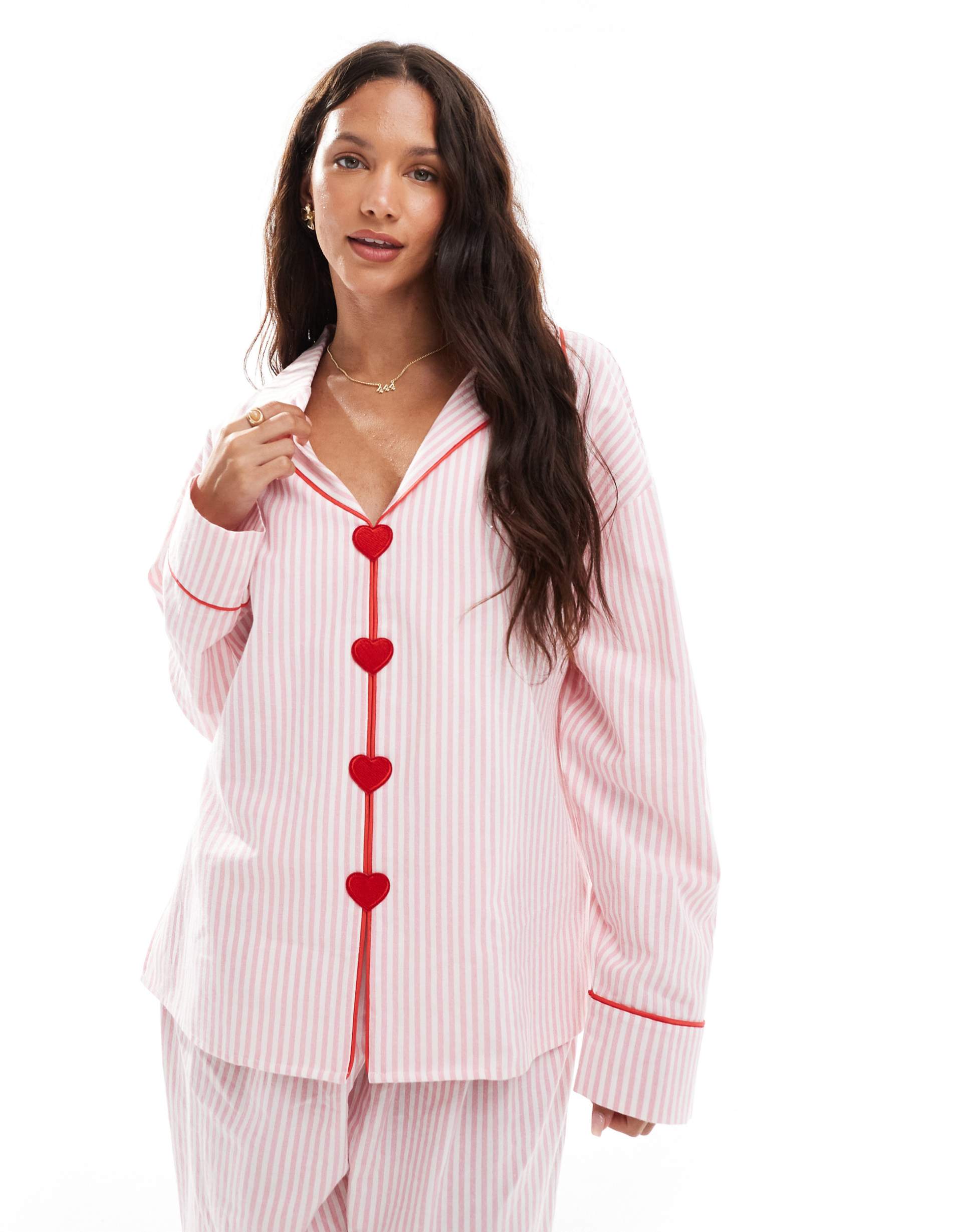 the frolic exclusive heart button front pajama shirt in pink and white stripes - part of a set