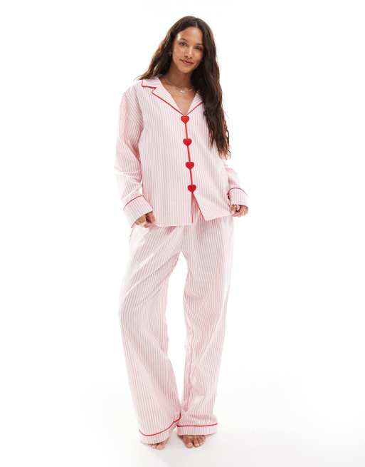 The Frolic exclusive heart button front pajama shirt in pink and white stripes - part of a set  