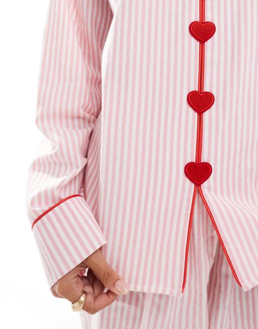 The Frolic exclusive heart button front pajama shirt in pink and white stripes - part of a set  