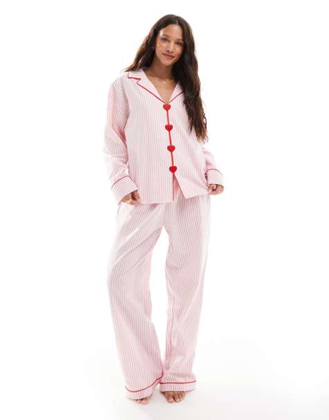 The Frolic exclusive heart button front pyjama shirt and trousers co-ord in pink and white stripe - view 1