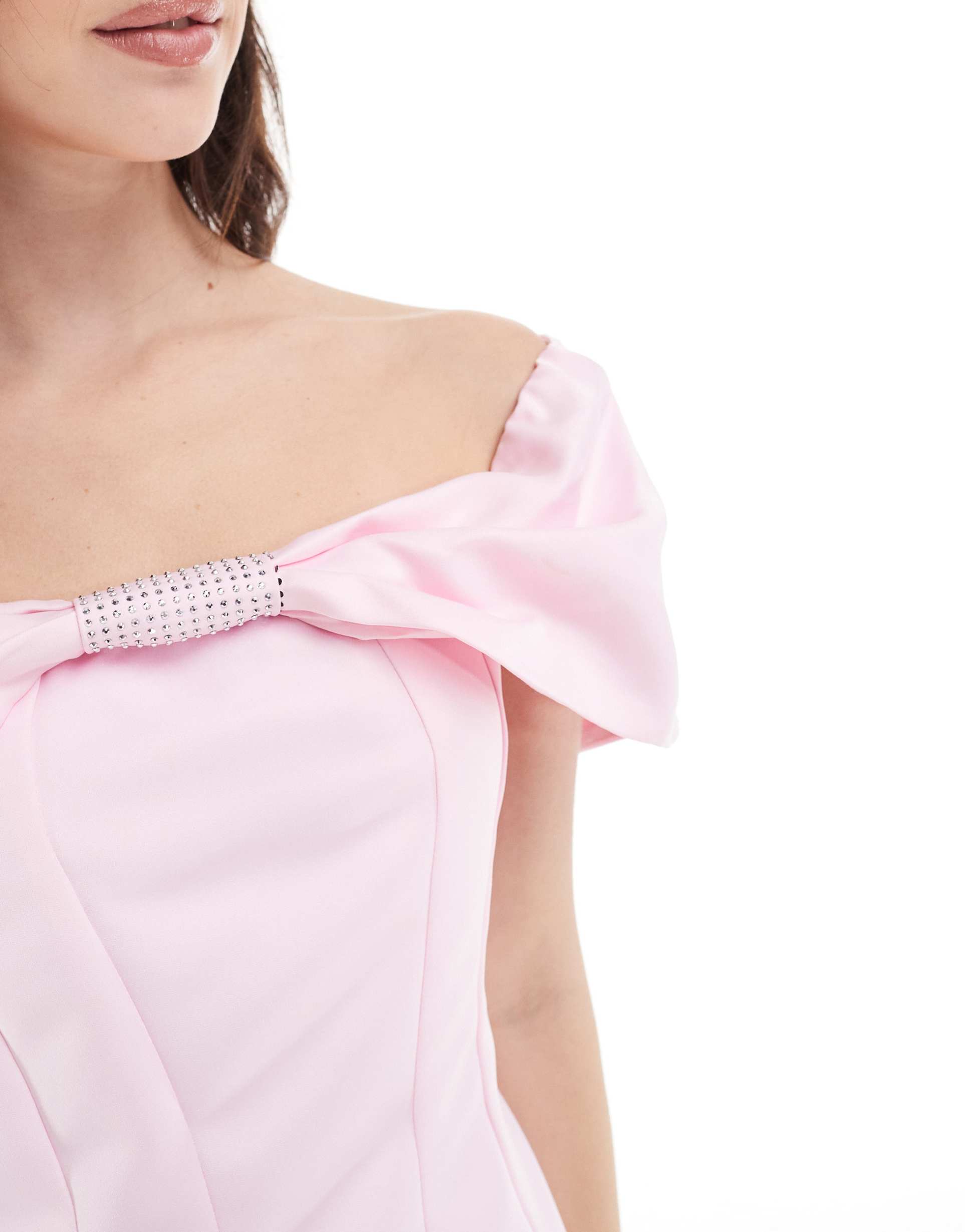 the frolic exclusive heavy satin bow bandeau diamante detail bodycon mini dress in baby pink