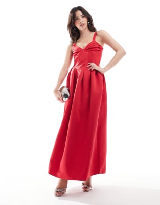 exclusive heavy satin cami corset maxi dress in red