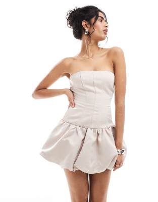 exclusive heavy satin corset bandeau mini puff ball dress in cream-White