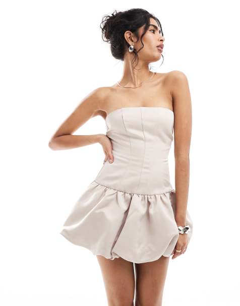 The Frolic exclusive heavy satin corset bandeau mini puff ball dress in cream - view 1