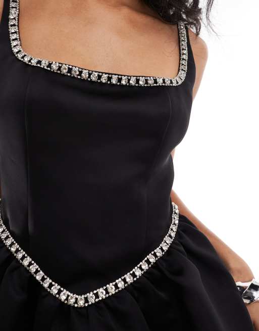 The Frolic exclusive heavy satin corset detail puffball mini dress in black 