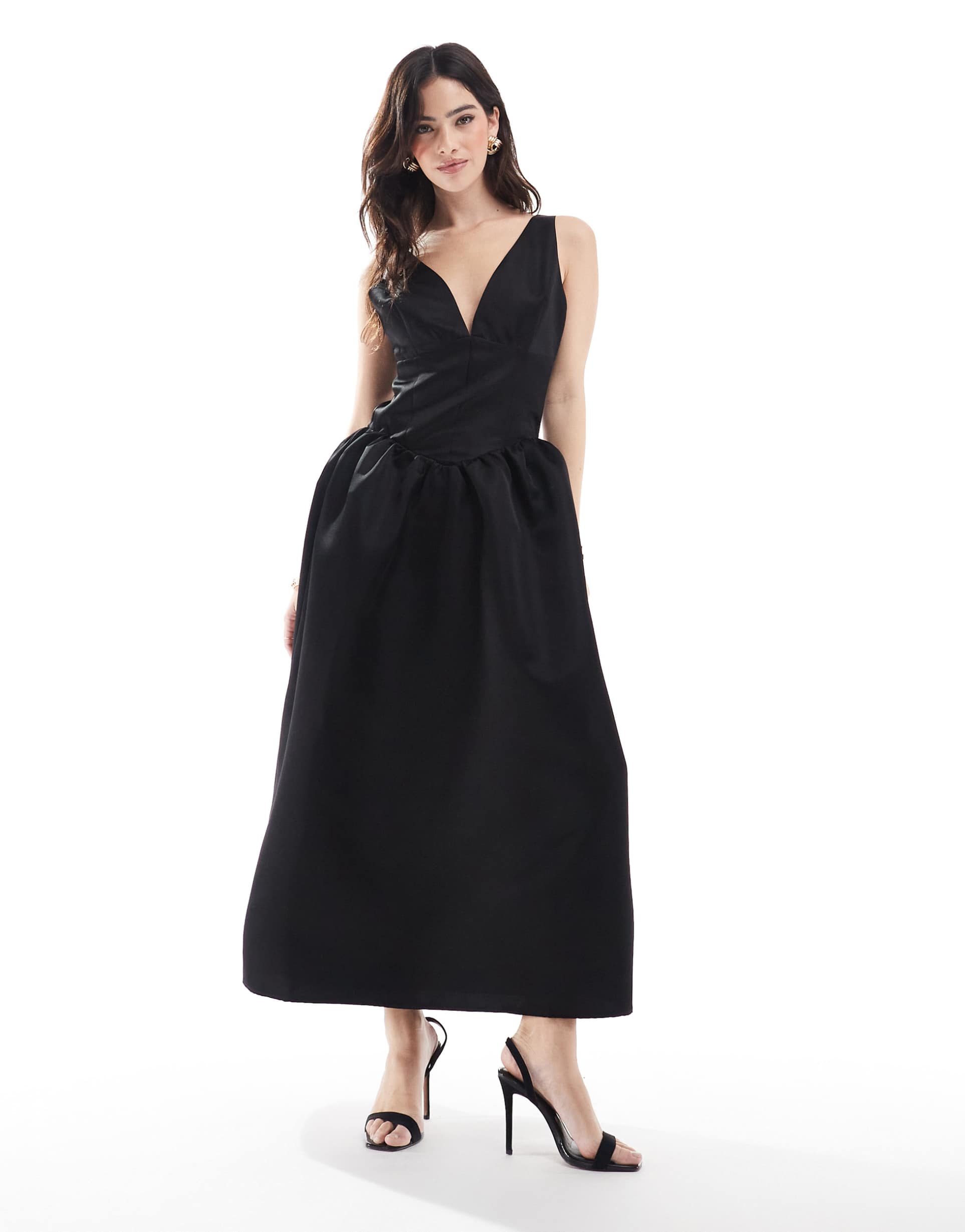 the frolic exclusive heavy satin deep plunge corset midaxi dress in black