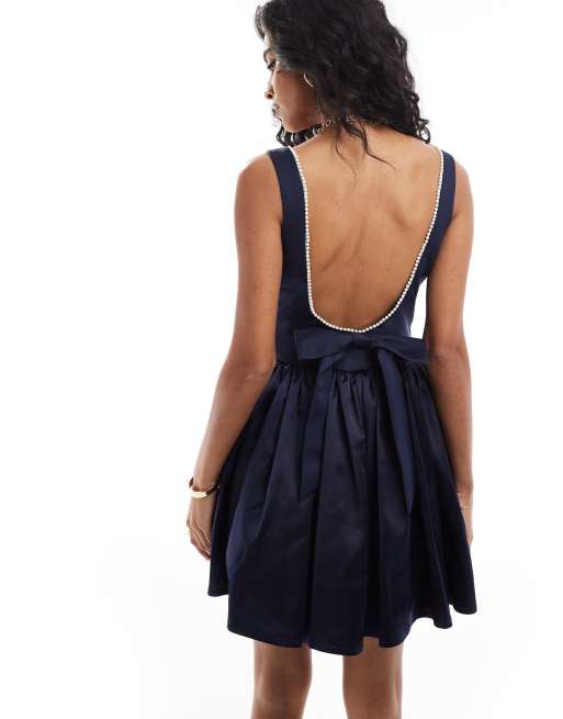 Vintage Bow Tie Pearl-Trimmed Mini Dress