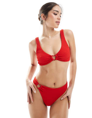 exclusive high leg heart detail crinkle bikini bottom in red - part of a set