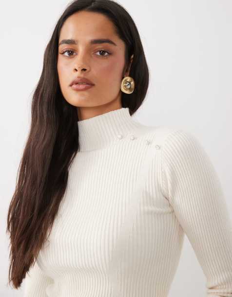 The Frolic exclusive high neck ribbed knit pearl detail flare sleeve jumper in cream - view 1