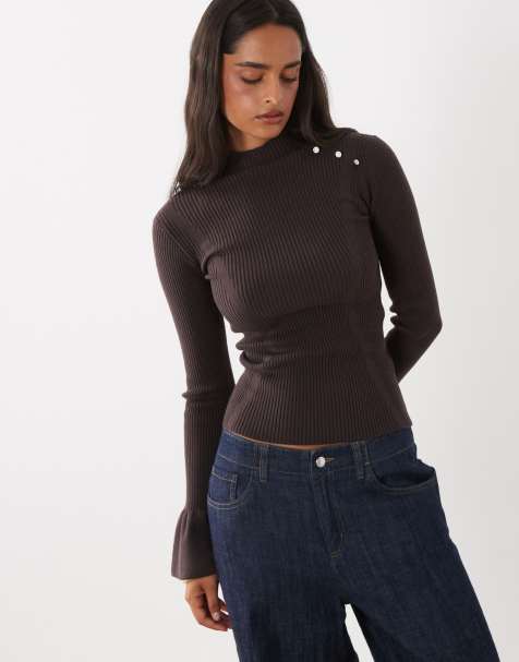 The Frolic exclusive high neck ribbed pearl detail flare sleeve sweater in chocolate - view 1
