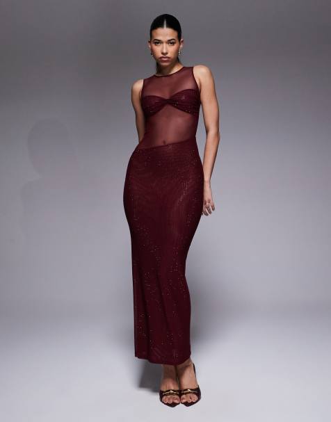 The Frolic exclusive high neck sleeveless hot fix sheer insert maxi dress in burgundy - view 1