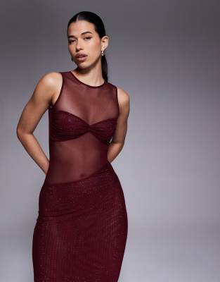 The Frolic Exclusive High Neck Sleeveless Hot Fix Sheer Insert Maxi Dress In Brown
