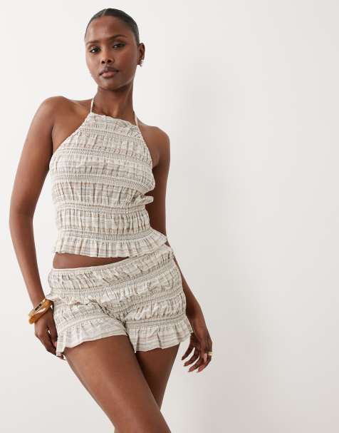 The Frolic – Exclusive – Hochgeschlossenes, ärmelloses Neckholder-Oberteil in Cremeweiß mit mehrfarbigen Streifen, hohem Baumwollanteil und Raffung, Kombiteil - view 1