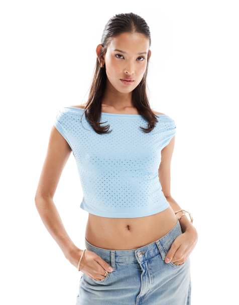 The Frolic exclusive hot fix diamante slash neck crop top in blue - view 1