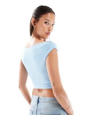 The Frolic Exclusive Hot Fix Diamante Slash Neck Crop Top In Blue