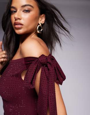 The Frolic Exclusive Hot Fix Off Shoulder Tie Detail Bodycon Mini Dress In Animal Print