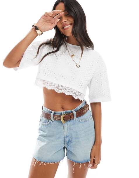 The Frolic exclusive hotfix oversized crop top with peekaboo lace detail in white - view 1