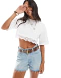 [The Frolic] The Frolic exclusive hotfix oversized crop top with peekaboo lace detail in white 10 WHITE
