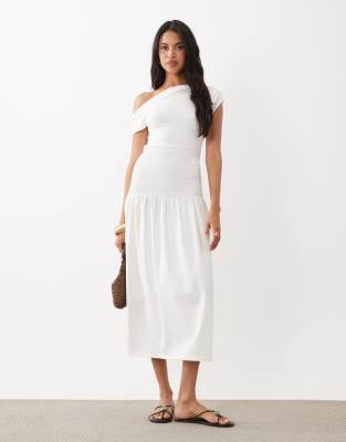 The Frolic Exclusive Jersey Shirred Waistband Off Shoulder Midi Dress In White