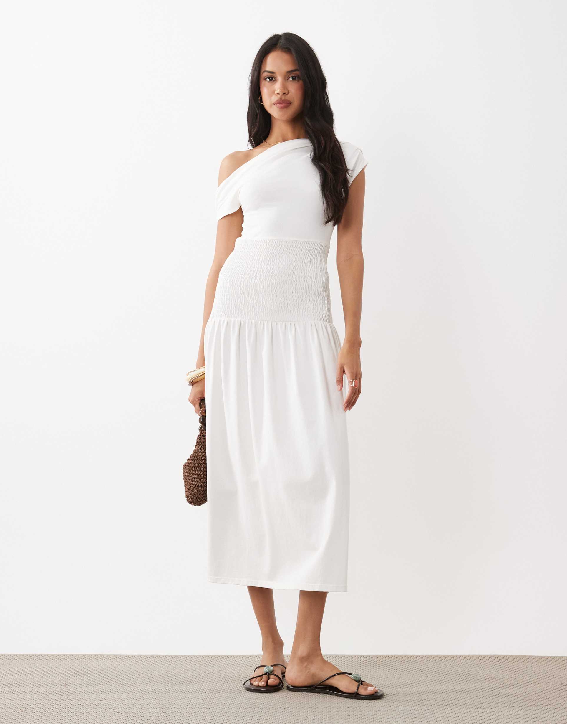 the frolic exclusive jersey shirred waistband off shoulder midi dress in white