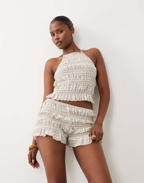 The Frolic - Exclusive - Katoenrijke gesmokte micro short in crème met veelkleurige strepen, deel van co-ord set - view 1