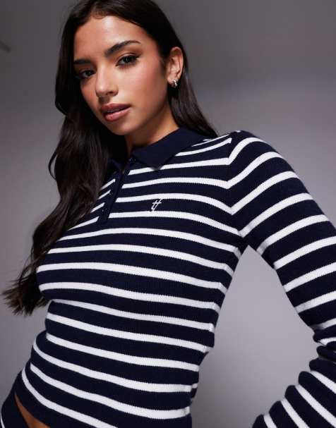 The Frolic exclusive knit collared henley long sleeve top in navy & cream - part of a set - view 1