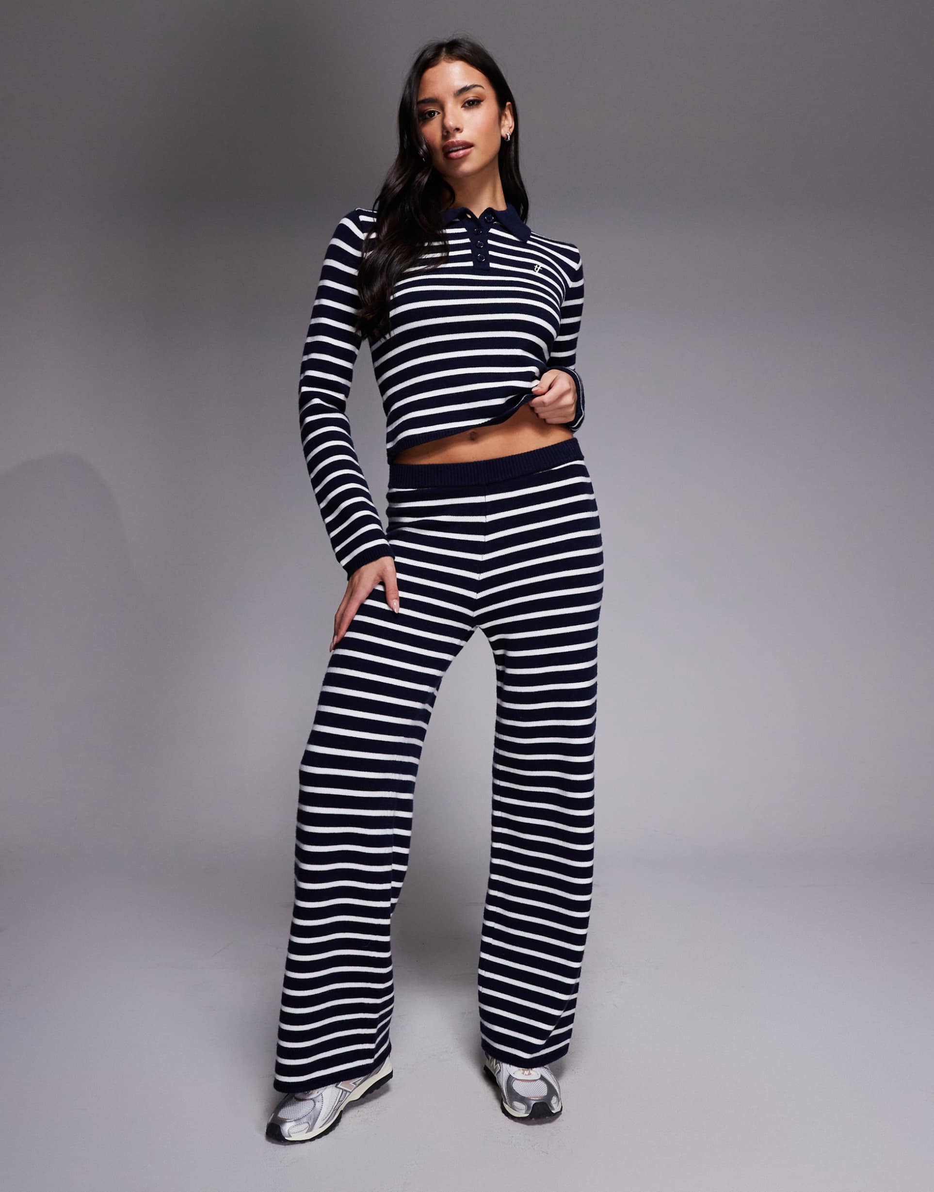 the frolic exclusive knit elastic waist wide leg pants in navy & cream - part of a set