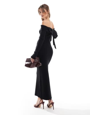 exclusive knit off the shoulder bow back detail maxi dress in black