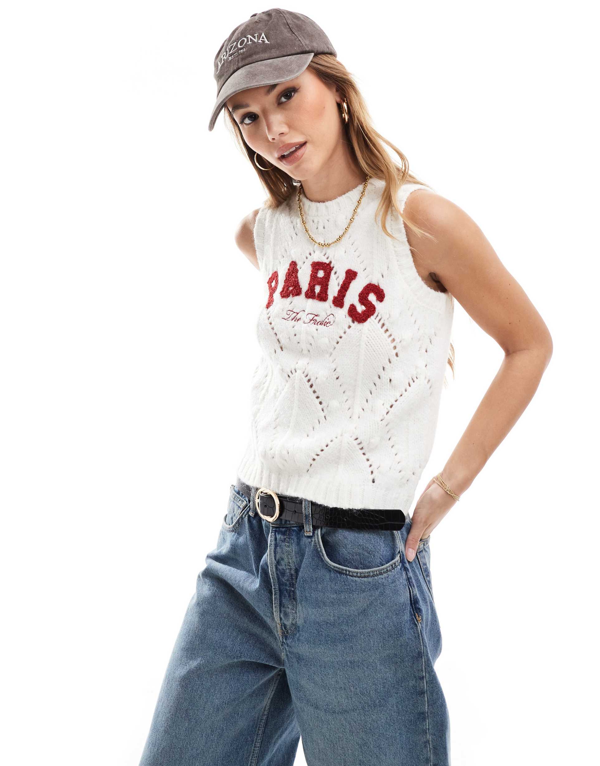 the frolic exclusive knit sleeveless borg paris logo tank top in cream