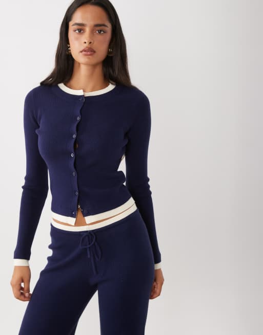 The Frolic exclusive knitted contrast trim cardigan and drawstring relaxed trouser co-ord in navy, 3 of 3