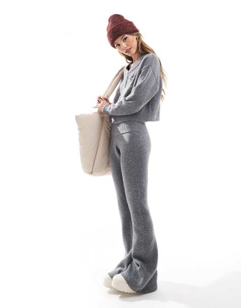 The Frolic exclusive knitted cropped zip through jacket and flared pants set in charcoal - view 1
