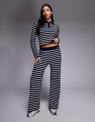 The Frolic exclusive knitted elasticated waist wide leg trouser co-ord in navy & cream-Black
