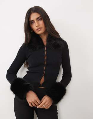 The Frolic Exclusive Knitted Faux Fur Collar Cardigan In Black