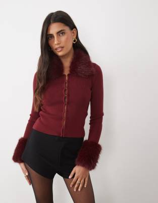 The Frolic Exclusive Knitted Faux Fur Collar & Cuff Cardigan In Red