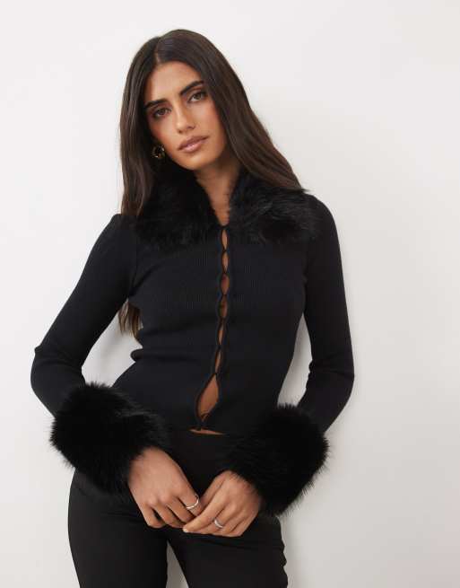 The Frolic exclusive knitted faux fur collar & cuff cardigan in