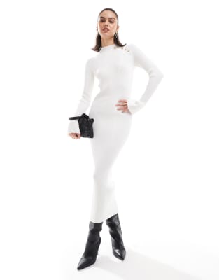 The Frolic The Frolic exclusive knitted high neck flared sleeve midi jumper dress in cream-White