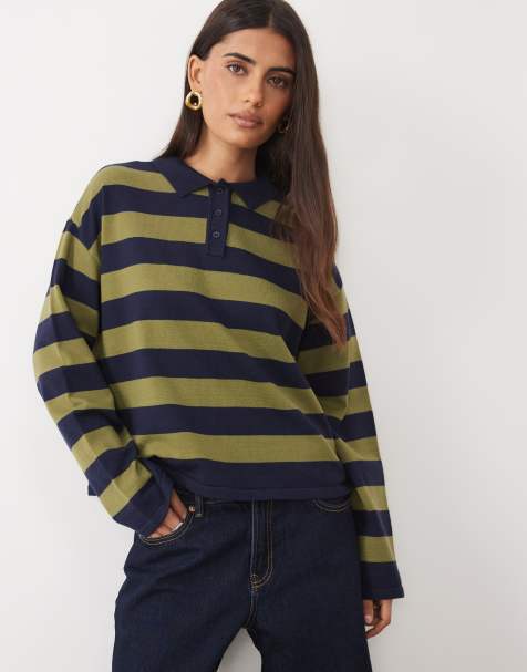 The Frolic exclusive knitted long sleeve collared rugby top in green and navy stripe - view 1
