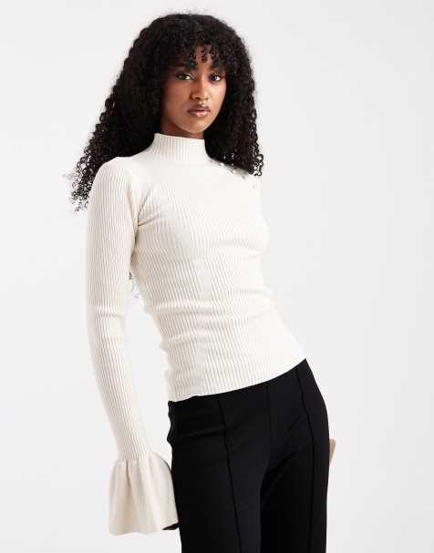 The Frolic exclusive ribbed knit pearl detail flare sleeve jumper in cream