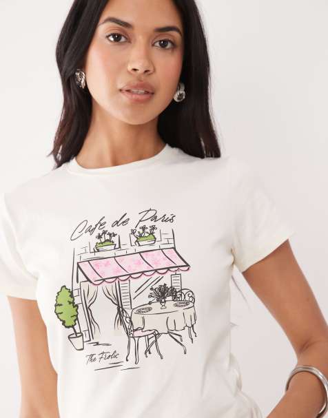 The Frolic Exclusive – Krótki T-shirt w kolorze złamanej bieli, z motywem kawiarni - view 1