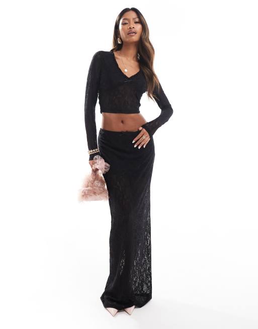The Frolic exclusive lace bow detail maxi skirt in black - part of a set 