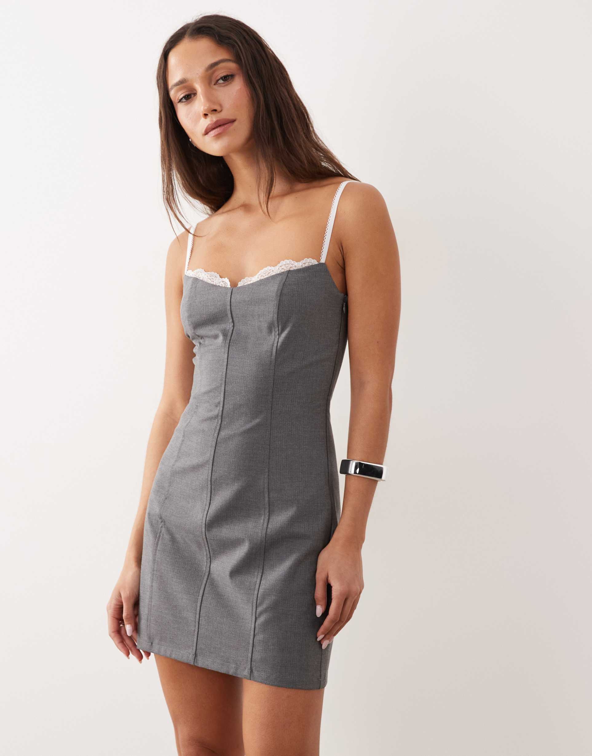 the frolic exclusive lace bra insert detail structured cami mini dress in charcoal