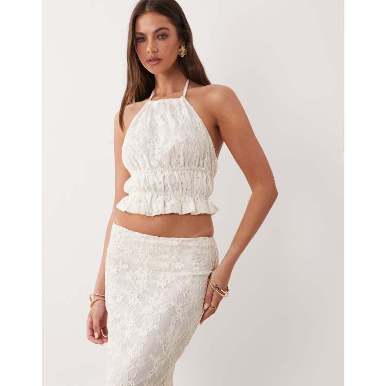 The Frolic Exclusive lace halterneck shirred detail open back top
