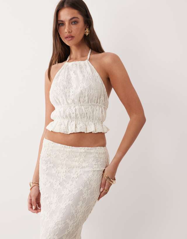 The Frolic Exclusive lace halterneck shirred detail open back top