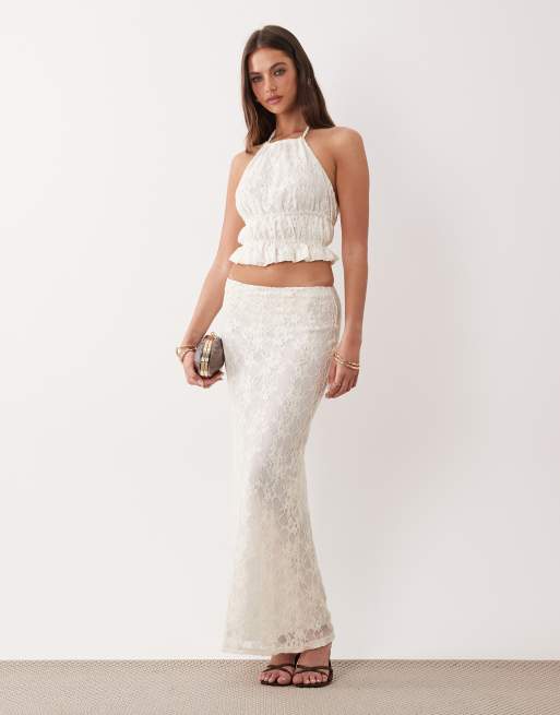 The Frolic Exclusive lace halterneck shirred detail open back top