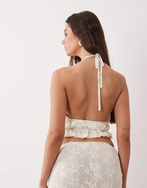 The Frolic Exclusive lace halterneck shirred detail open back top